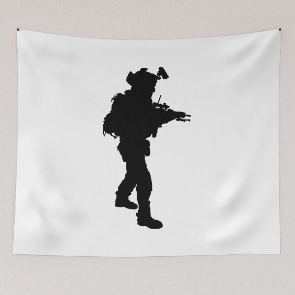 Item preview, Male soldier standing up and in full equipment and armament, fully automatic machine gun in hand such as the special forces, marines army and ksk, GRU, Sajeret. Isolated realistic silhouette designed and sold by Marcin Adrian.