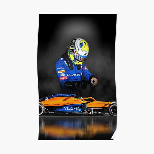 Dunkler Hintergrund des Lando Norris Mclaren F1-Autos im Scheinwerferlicht Poster