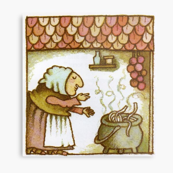 Strega Nona Blowing Kisses to Pasta Pot Metal Print