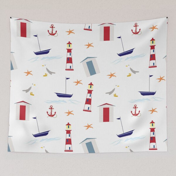 Item preview, Nautical Pattern Lighthouse Sailboat Anchor Starfish Seagull designed and sold by KeysTreasures.