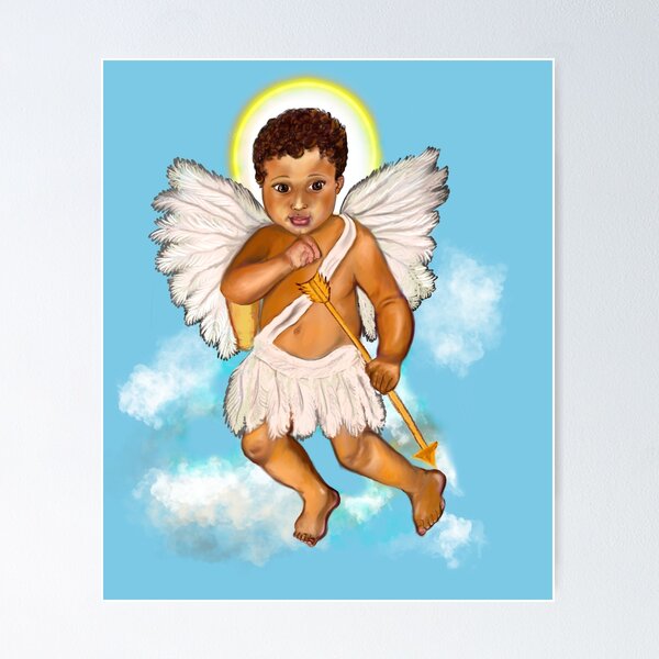Artikelvorschau, Die besten Geschenkideen zum Valentinstag 2022, Amor.... Babyengel, der einen Pfeil mit Heiligenschein hält - lockiges Afrohaar und goldener Pfeil entworfen und verkauft von Artonmytee.