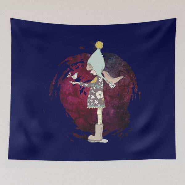 Item preview, A small lovely bird singing to a girl on a purple starry night designed and sold by ChatterFox.