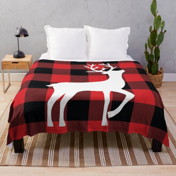 Item preview, White Deer with Antlers & Red and Black Buffalo Plaid designed and sold by thelustrous.