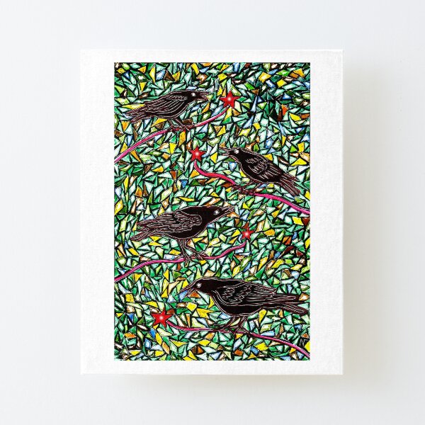Murder of Crows sitting on red branches with mosaic background art Canvas Mounted Print