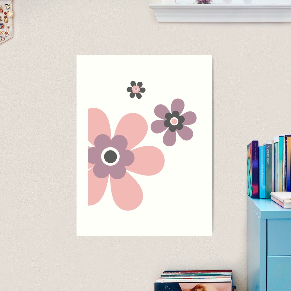 Cute retro 70s simple flower power block colour groovy graphic, in blush  pink and mauve purple on white. Art Print for Sale by Caroline Laursen