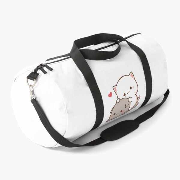 Peach sitting on Goma - Mochi Peach Cat Duffle Bag