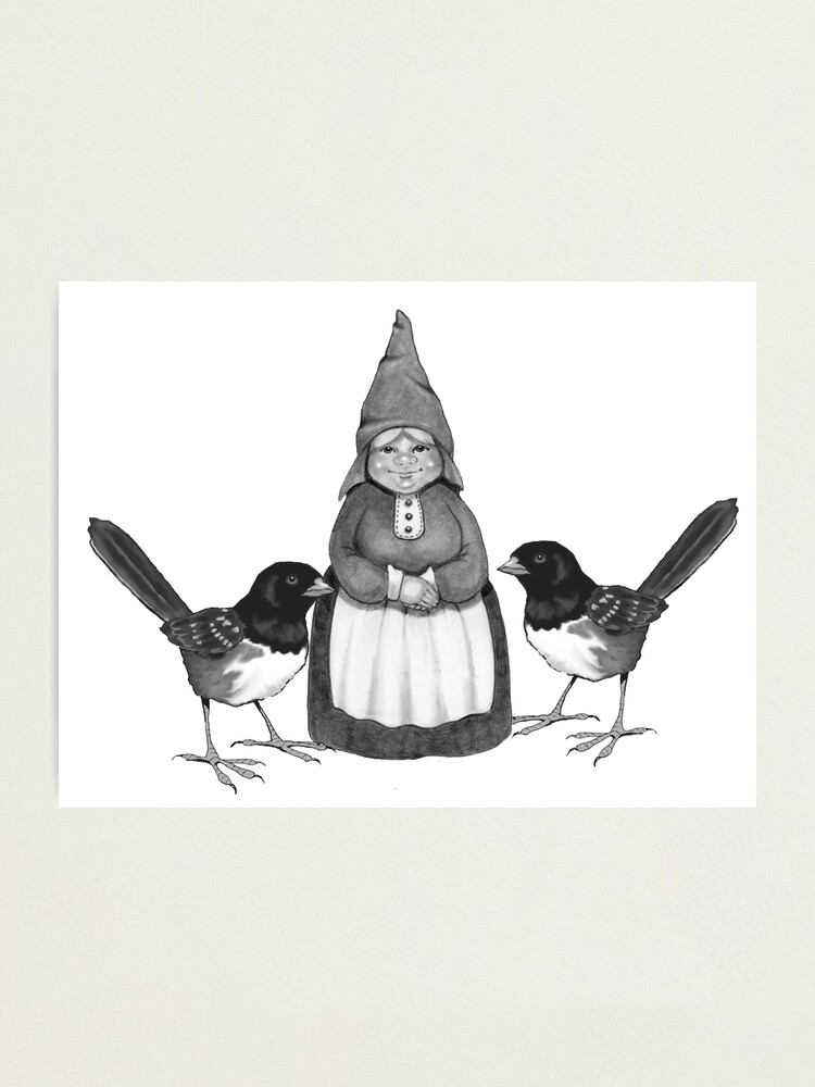 Gnome Frau Mit Vogeln Ursprungliche Bleistift Kunst Fotodruck Von Joyce Redbubble