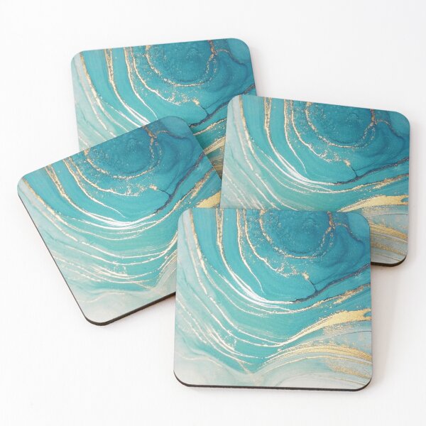 Item preview, Aquamarine Blue + Gold Ripples Abstract Watercolor Painting designed and sold by EscapistDecor.