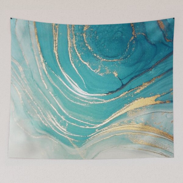 Item preview, Aquamarine Blue + Gold Ripples Abstract Watercolor Painting designed and sold by EscapistDecor.
