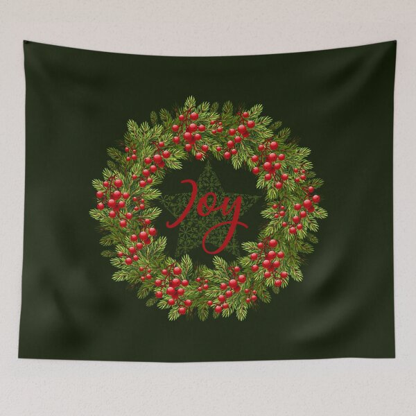 Item preview, JOY Rustic Wreath - Dark Green Background designed and sold by PawsitiveMum.