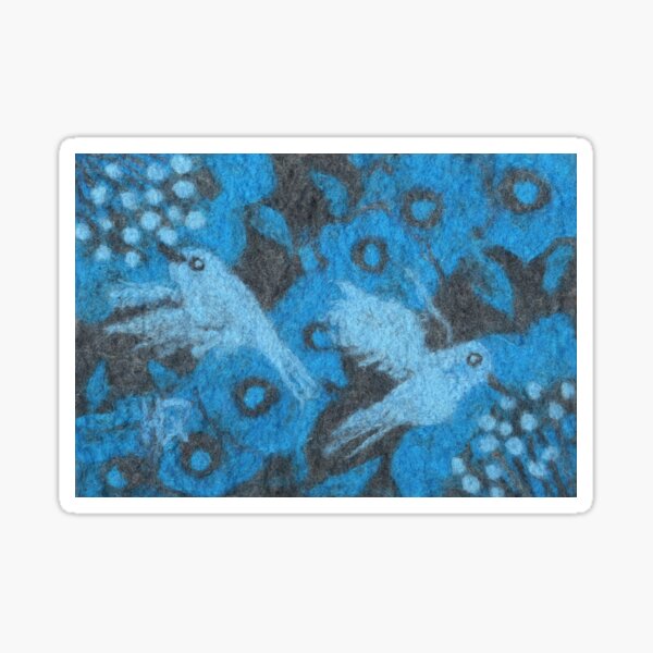 Hummingbirds, Flowers Birds Wool ainting Fiber Art Blue Grey Sticker