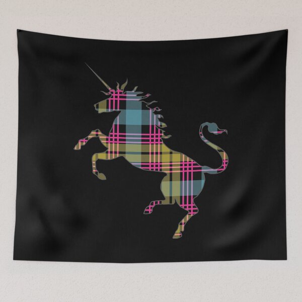 Item preview, Scottish Pink, Blue and Yellow Tartan Rearing Unicorn Silhouette  designed and sold by MacPean.