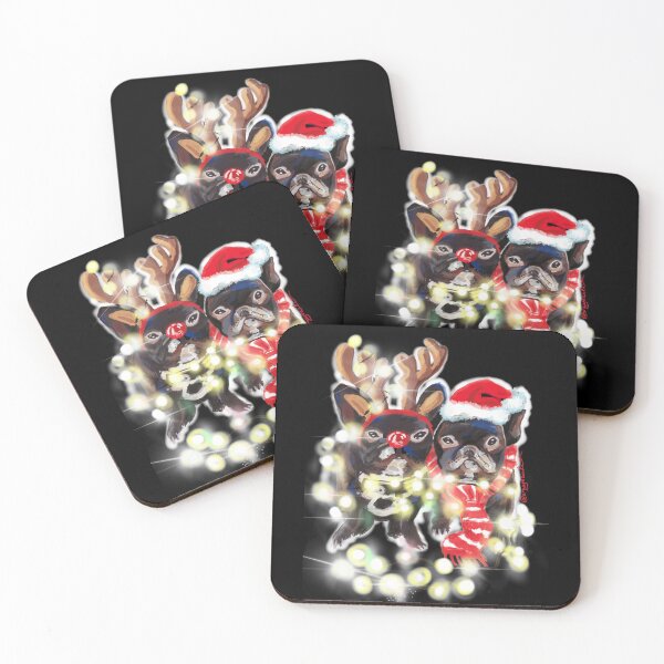 Item preview, Two french bulldogs dressed as Santa and deer wrapped in Christmas lights designed and sold by orangerinka.