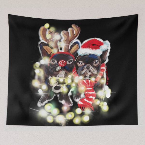 Item preview, Two french bulldogs dressed as Santa and deer wrapped in Christmas lights designed and sold by orangerinka.