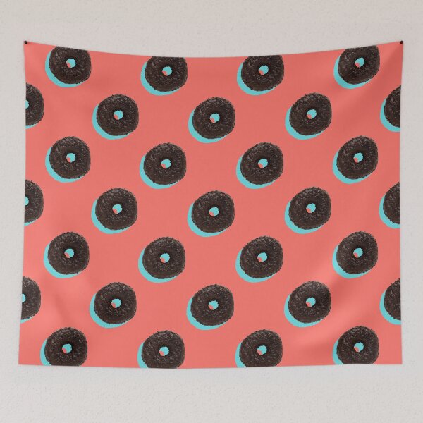 Aperçu de l'œuvre Chocolate donuts with pale blue shadows on a coral background créée et vendue par acidmit.