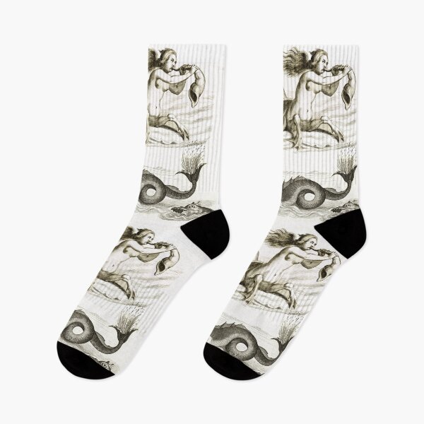 Item preview, Mermaid Blows on a Shell and Sea Horse of Neptune,Black White Drawing designed and sold by BulganLumini.