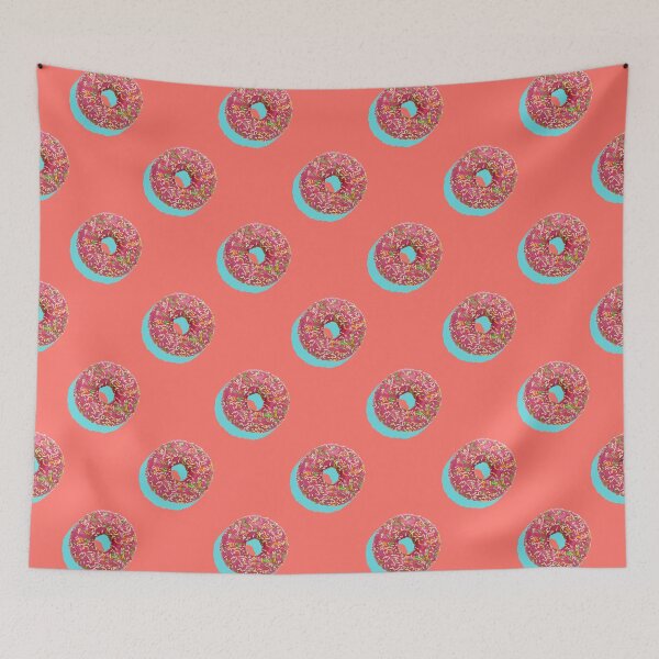Artikelvorschau, Pink donuts with multicolor sprinkles and pale blue shadows on a coral background entworfen und verkauft von acidmit.
