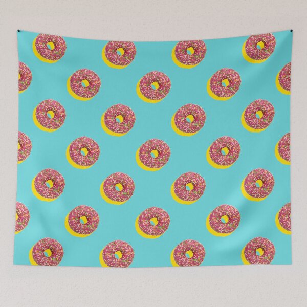 Aperçu de l'œuvre Pink donuts with multicolor sprinkles and yellow shadows on a pale blue background créée et vendue par acidmit.