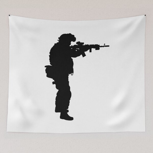 Item preview, Male soldier standing up and in full equipment and armament, fully automatic machine gun in hand such as the special forces, marines army and ksk, GRU, Sajeret. Isolated realistic silhouette designed and sold by Marcin Adrian.