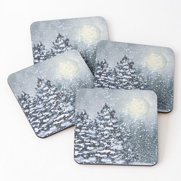 Item preview, Snowy Spruces - Watercolor Full moon  designed and sold by AlicjaCurioseur.