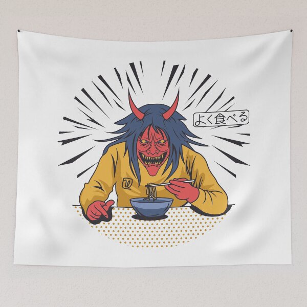 Item preview, Funny Red Horned Oni Yokai Devil Eating Ramen Eat Well よく食べる designed and sold by MiscelChr.
