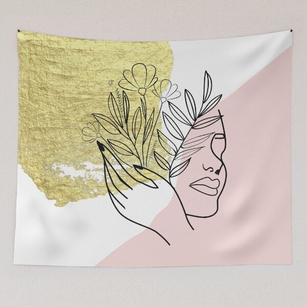 Item preview, Gold brush stroke and pale pink abstract shapes with occult magical woman portrait and plants black line art  designed and sold by MazeMazekeen.