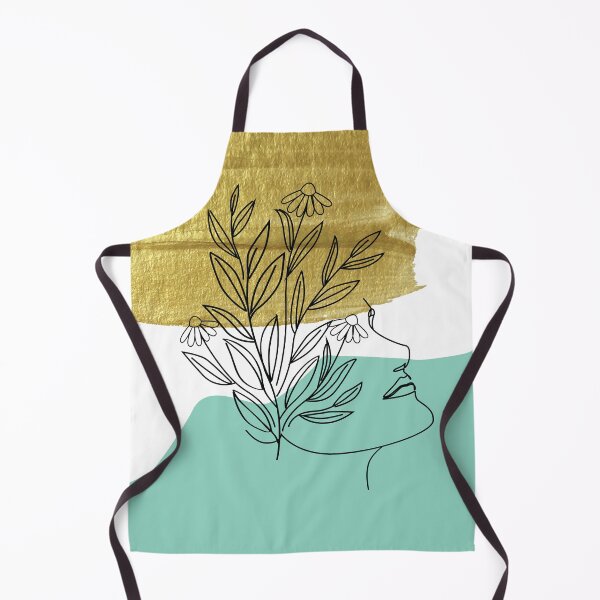 Item preview, Gold brush stroke and turquoise abstract shapes with occult magical woman portrait and plants black line art  designed and sold by MazeMazekeen.