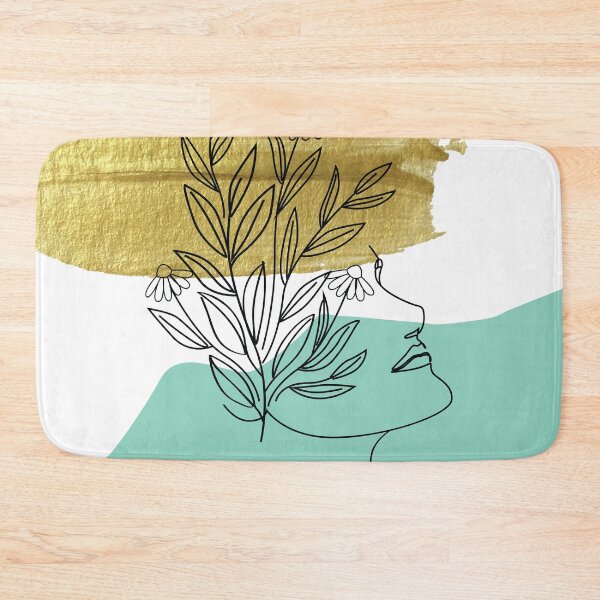 Item preview, Gold brush stroke and turquoise abstract shapes with occult magical woman portrait and plants black line art  designed and sold by MazeMazekeen.