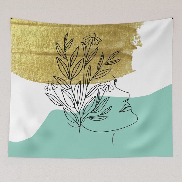 Item preview, Gold brush stroke and turquoise abstract shapes with occult magical woman portrait and plants black line art  designed and sold by MazeMazekeen.