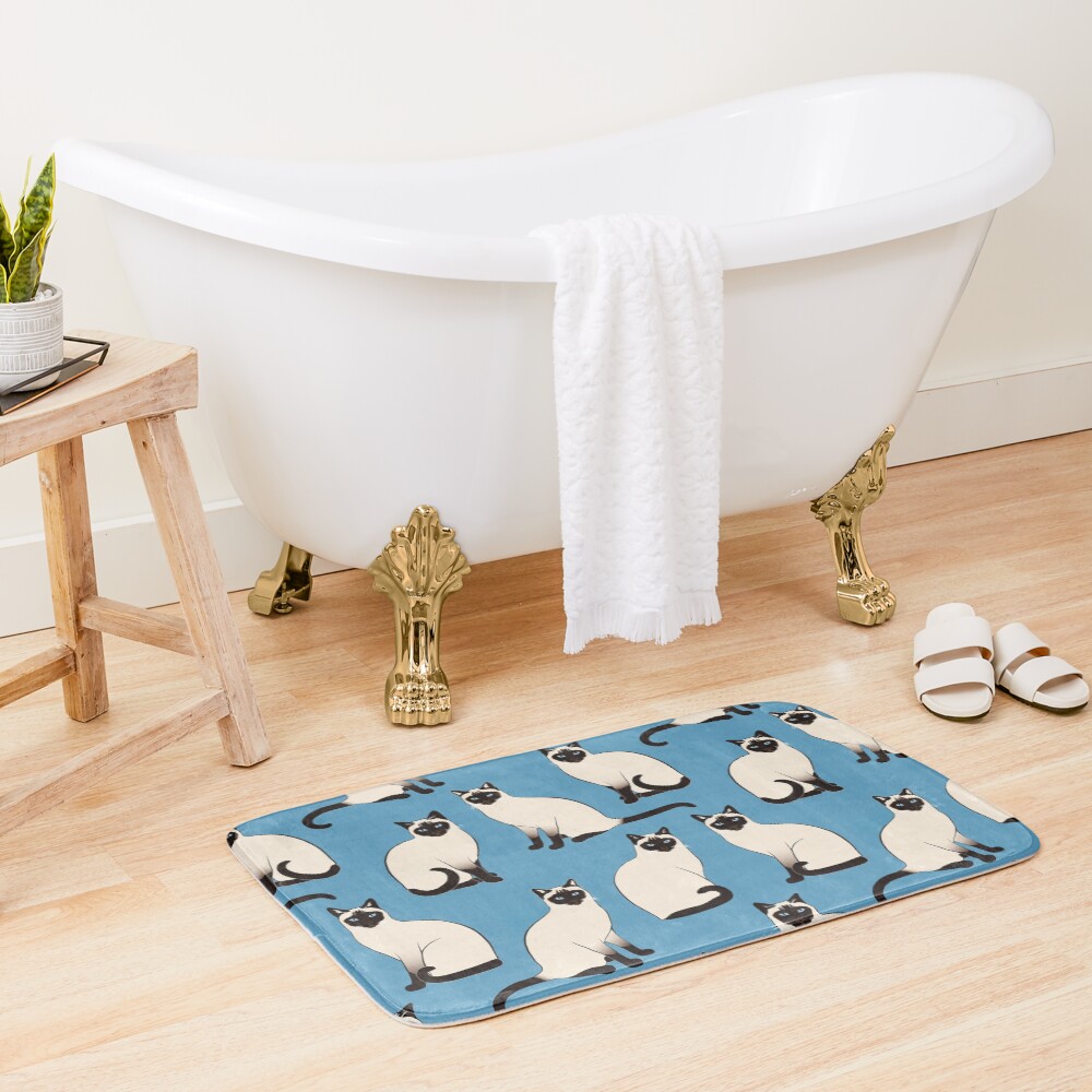 Siamese Cats sparse on blue Bath Mat