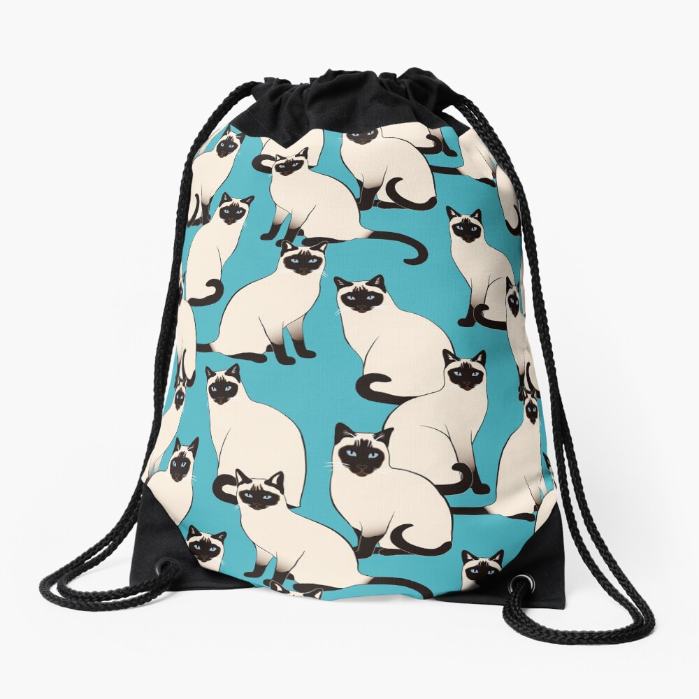 Siamese Cats dense on turquoise Drawstring Bag