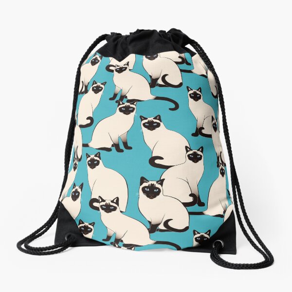 Siamese Cats dense on turquoise Drawstring Bag