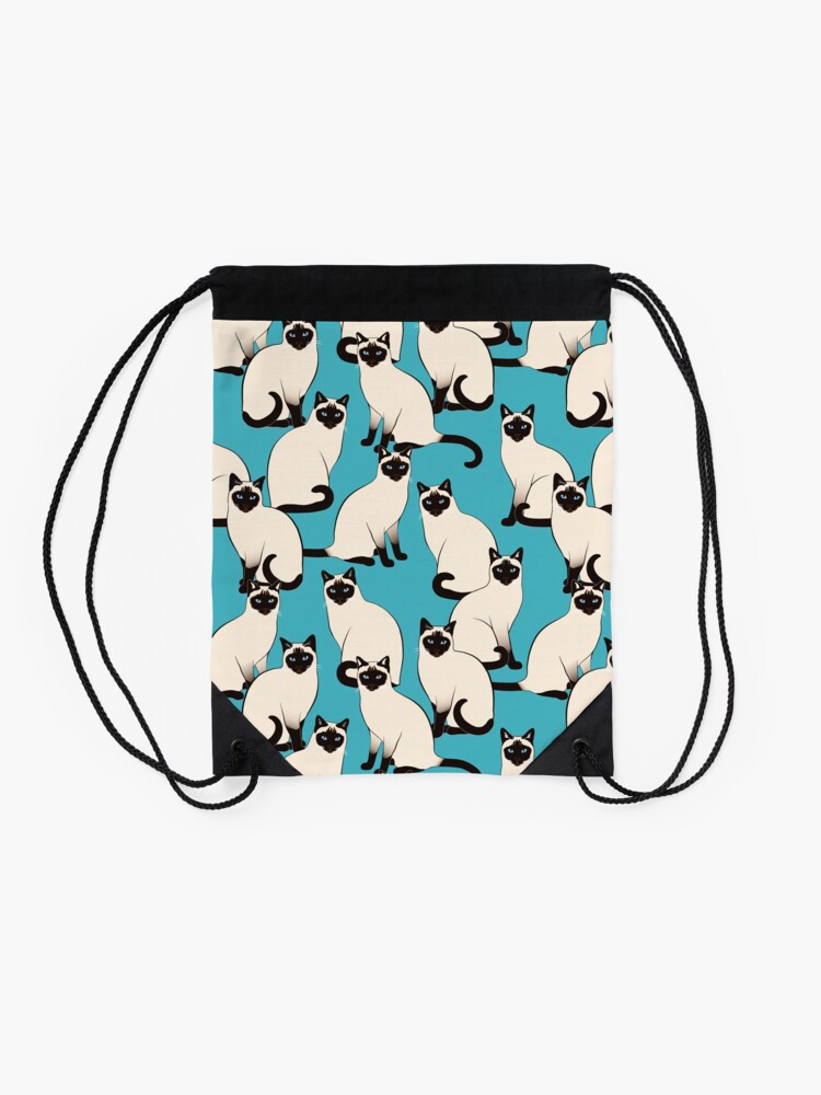 Alternate view of Siamese Cats dense on turquoise Drawstring Bag