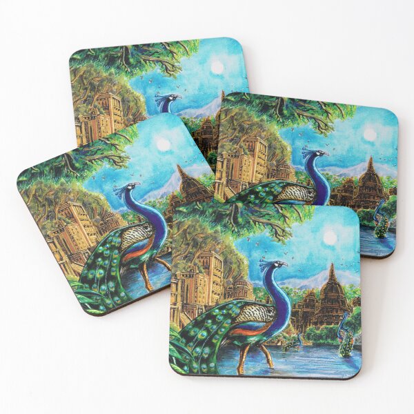 Peacocks across the Stream of Serenity Coasters (Set of 4)