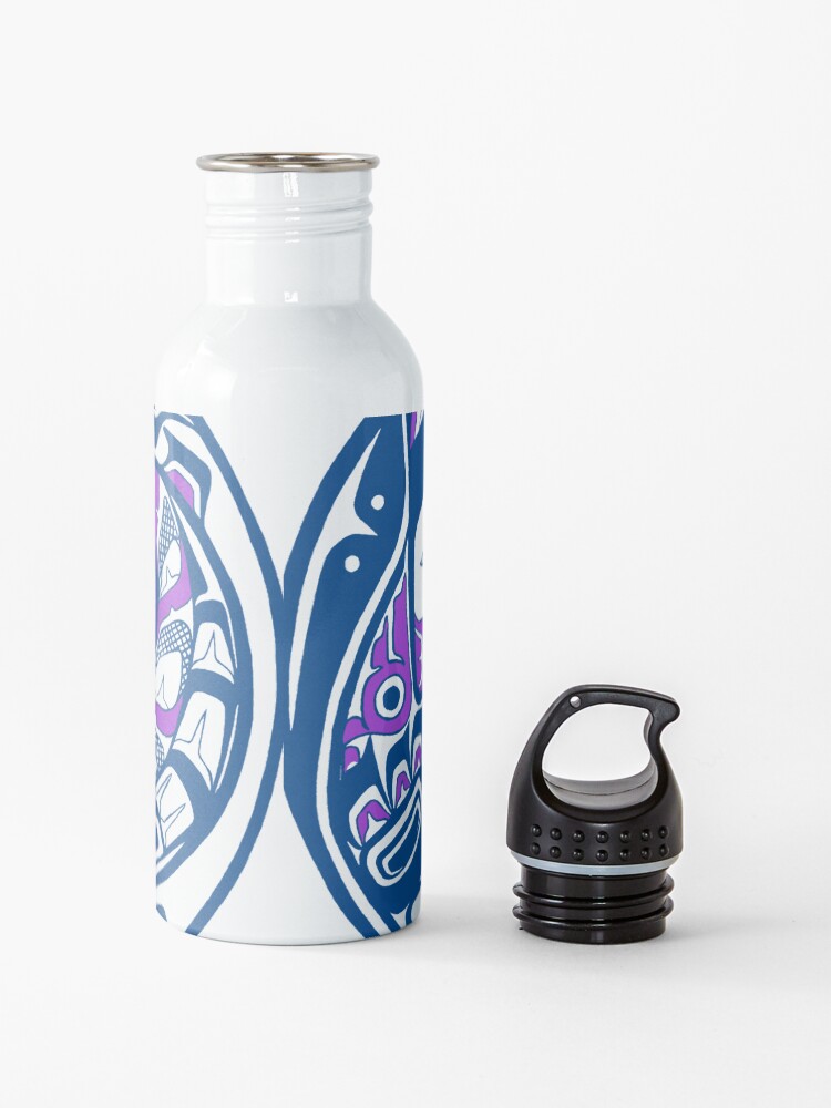 Alternate view of Tlingit style PNW Bear and Salmon, teal and purple Water Bottle
