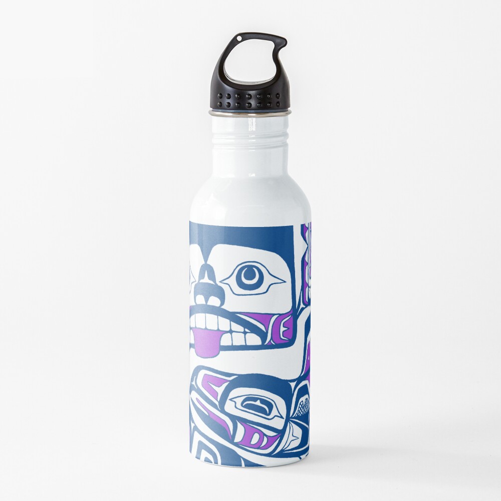 Tlingit style PNW Bear and Salmon, teal and purple Water Bottle