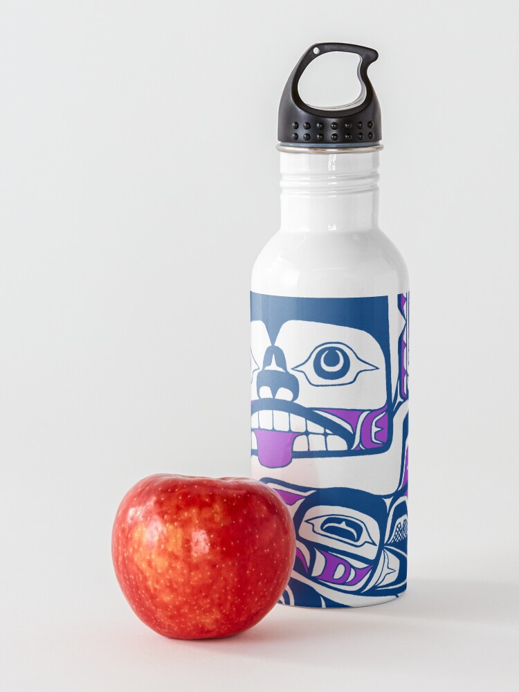 Alternate view of Tlingit style PNW Bear and Salmon, teal and purple Water Bottle