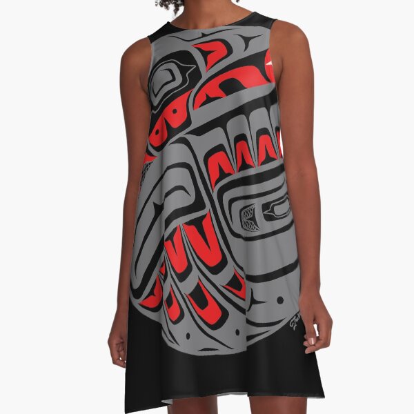 Raven Steals The Sun, Tlingit style, in gray A-Line Dress