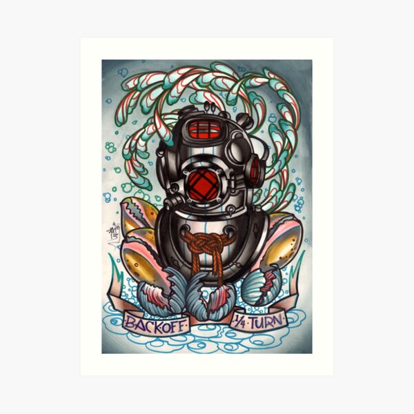 diver's helmet, deep sea diving old school tattoo art Art Print
