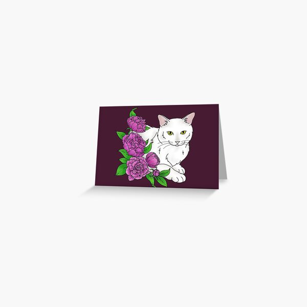 Cat with Peonies Greeting Card