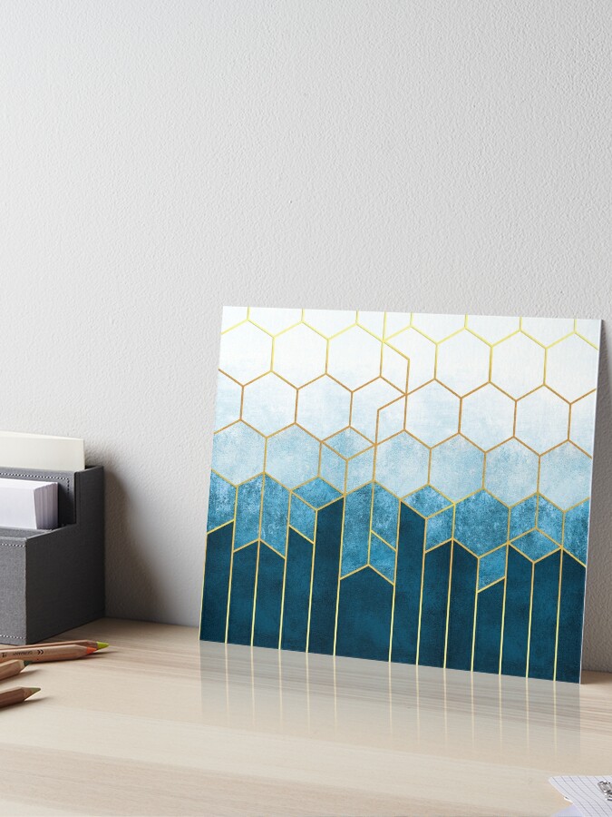 Cerulean Blue + Golden Hexagons Abstract Design\