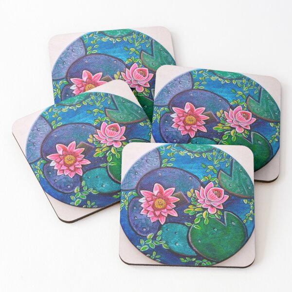 Item preview, Waterlily pond floral textured acrylic painting on round canvas  designed and sold by artbymanjiri.