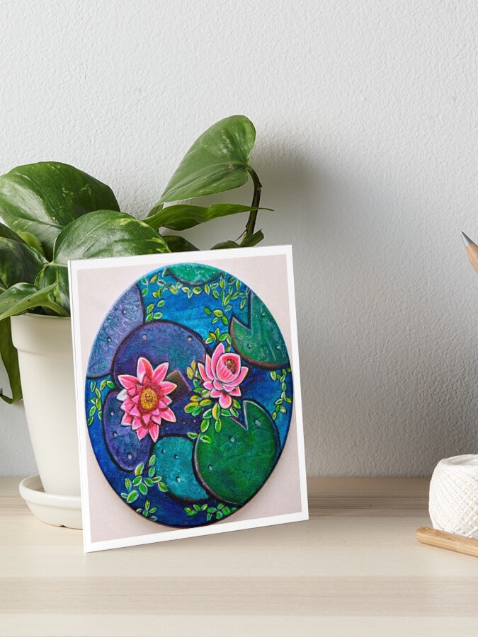 Waterlily pond floral textured acrylic painting on round canvas  Art Board  Print for Sale by artbymanjiri