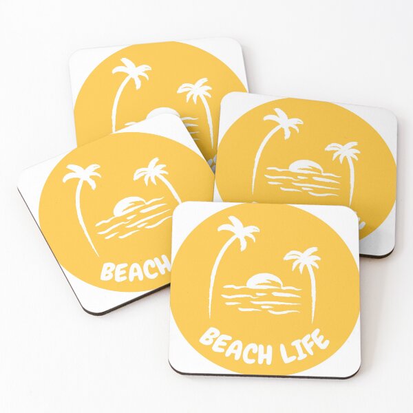 Item preview, Beach life round yellow badge palm trees sunset ocean designed and sold by Digibee.