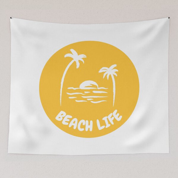 Item preview, Beach life round yellow badge palm trees sunset ocean designed and sold by Digibee.
