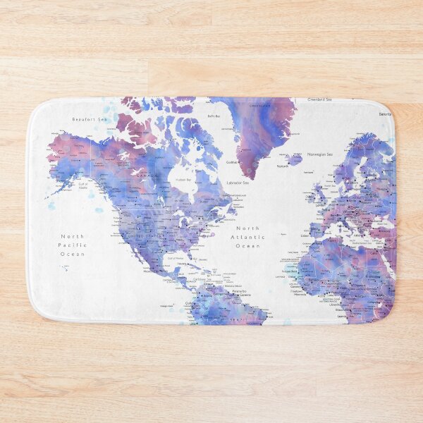 Item preview, Blue and purple detailed watercolor world map with cities Zora designed and sold by blursbyai.
