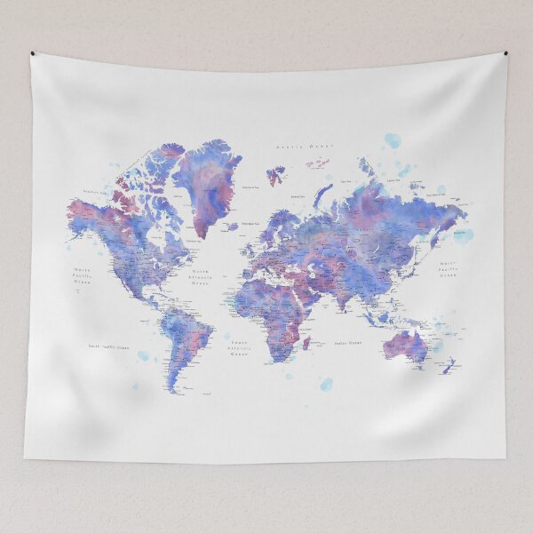Item preview, Blue and purple detailed watercolor world map with cities Zora designed and sold by blursbyai.
