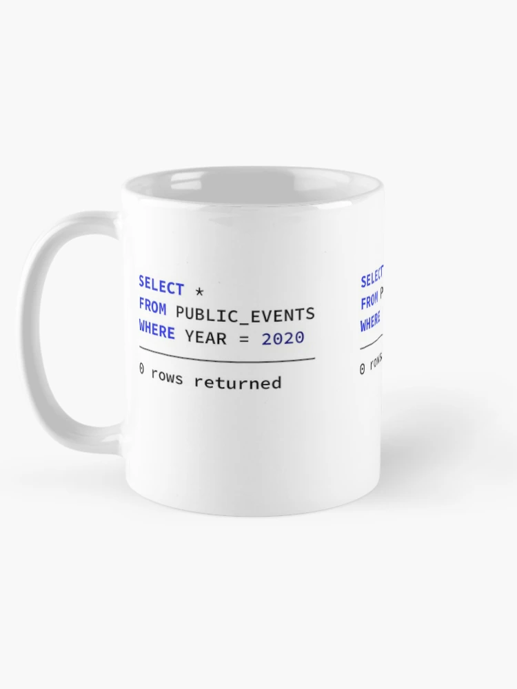 Thumbnail 5 of 6, Coffee Mug, Select Public Events 2020, 0 Rows Returned, Database Developer, SQL Query, Software Engineer, Computer Science, Fullstack Developer, Programming Humor designed and sold by Max-Wear.