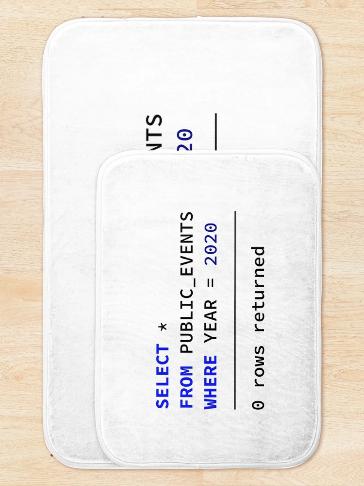 Thumbnail 5 of 6, Bath Mat, Select Public Events 2020, 0 Rows Returned, Database Developer, SQL Query, Software Engineer, Computer Science, Fullstack Developer, Programming Humor designed and sold by Max-Wear.