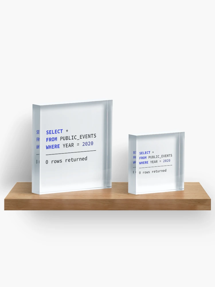 Thumbnail 3 of 5, Acrylic Block, Select Public Events 2020, 0 Rows Returned, Database Developer, SQL Query, Software Engineer, Computer Science, Fullstack Developer, Programming Humor designed and sold by Max-Wear.